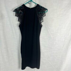 Iris Black Cocktail Dress Lace Shoulders Size L Women’s